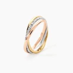 Alliance Entrelacee Diamantee Ruban Plat Or Tricolore