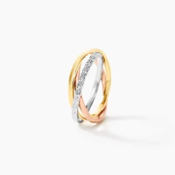 Alliance Entrelacee Diamantee Ruban Plat Or Tricolore