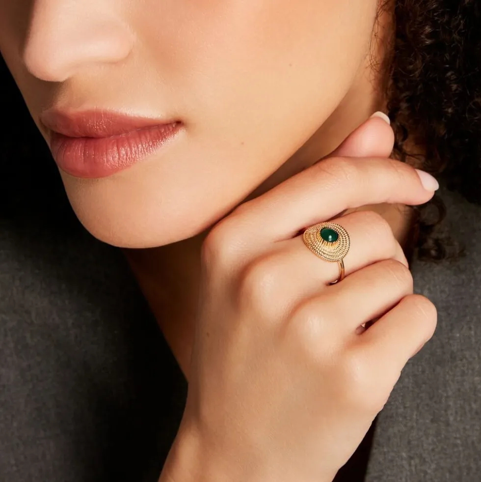 Bague Plaqué Or Ilia Ronde Perle Pierre Verte