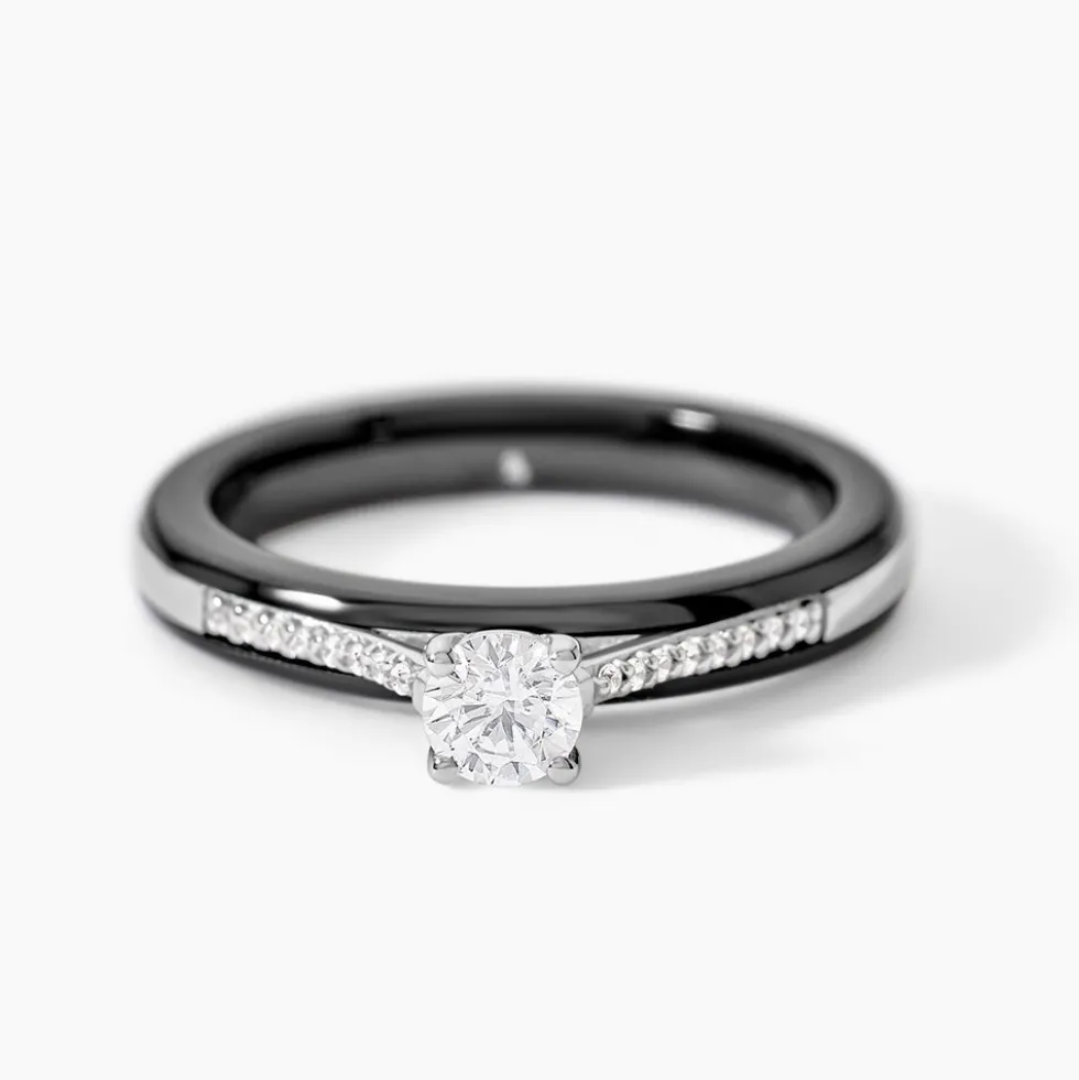 Bague Solitaire Ceramique Argent Blanc Céramique Et Oxyde De Zirconium
