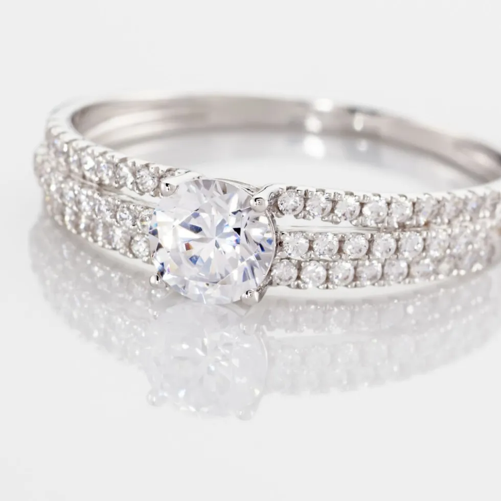 Bague Solitaire Ceridwen 3 Rangs Or Blanc Oxyde De Zirconium