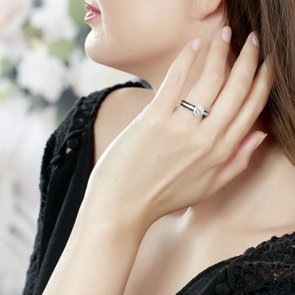 Bague Solitaire Solitaire Argent Blanc Céramique Et Oxyde De Zirconium
