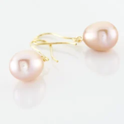 Boucles D'oreilles Pendantes Rose Or Jaune Perle De Culture