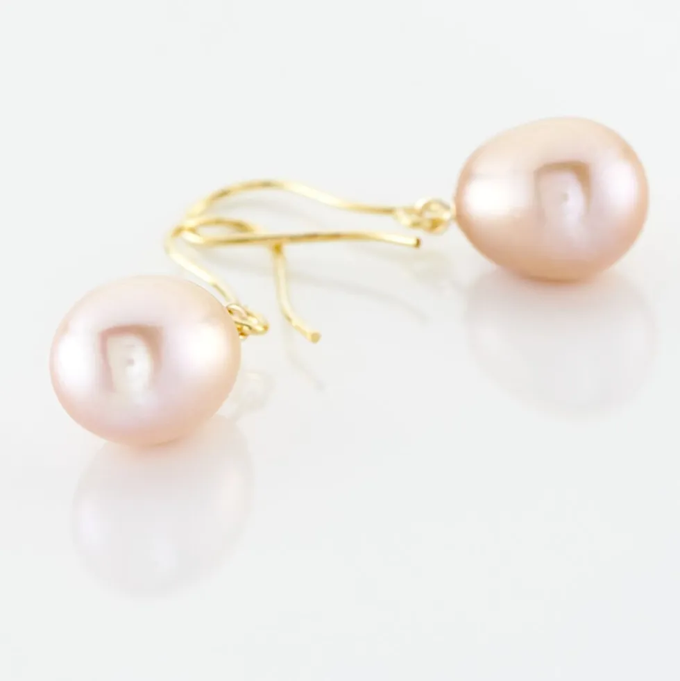 Boucles D'oreilles Pendantes Rose Or Jaune Perle De Culture