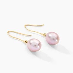 Boucles D'oreilles Pendantes Rose Or Jaune Perle De Culture