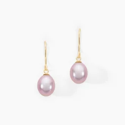 Boucles D'oreilles Pendantes Rose Or Jaune Perle De Culture