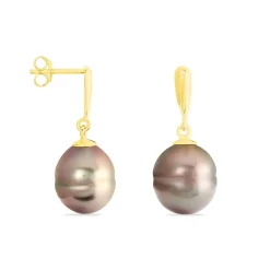 Boucles D'oreilles Pendantes Semi-baroque Or Jaune Perle De Tahiti
