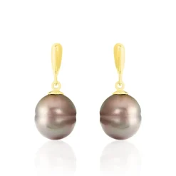 Boucles D'oreilles Pendantes Semi-baroque Or Jaune Perle De Tahiti