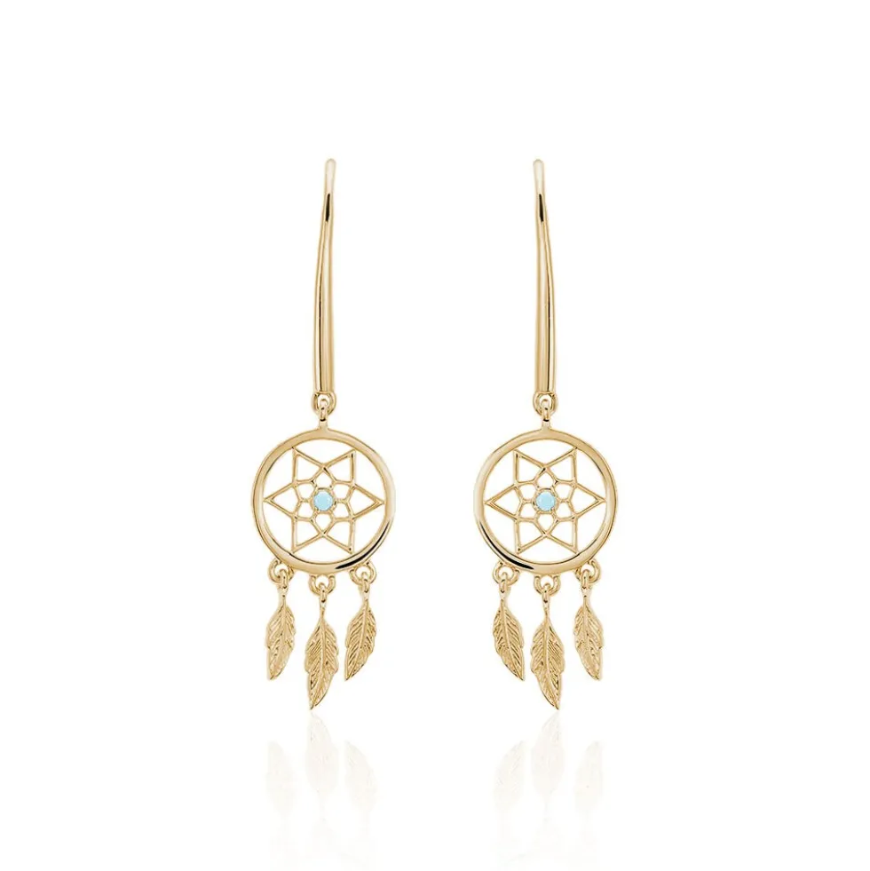Boucles D'oreilles Pendantes Attrape Reves Plaque Or Pierre