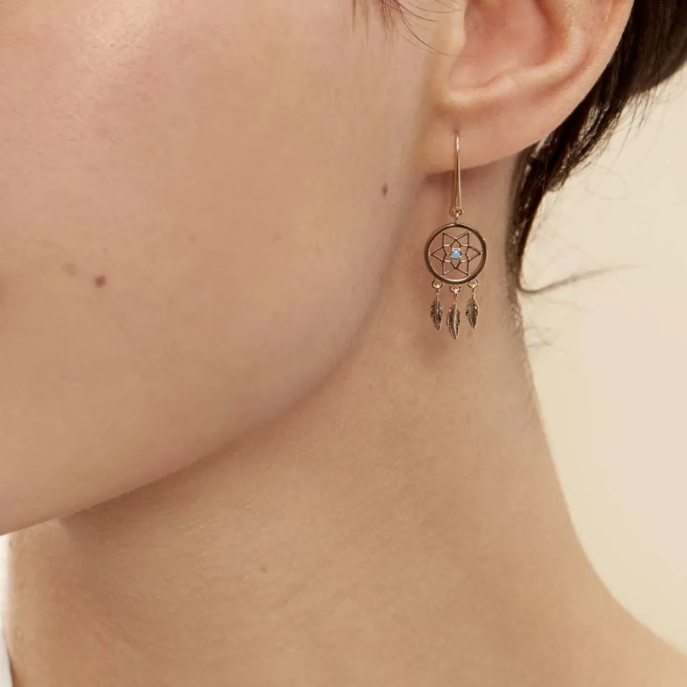 Boucles D'oreilles Pendantes Attrape Reves Plaque Or Pierre