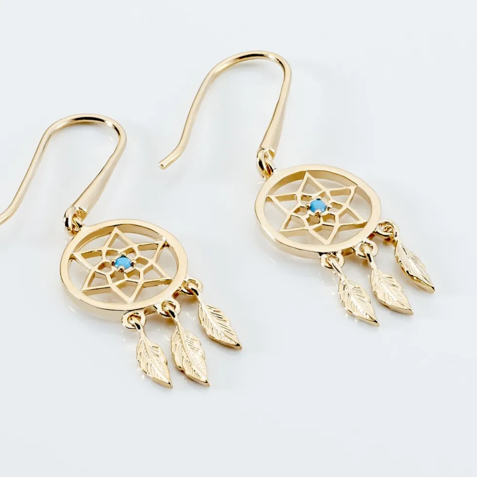 Boucles D'oreilles Pendantes Attrape Reves Plaque Or Pierre