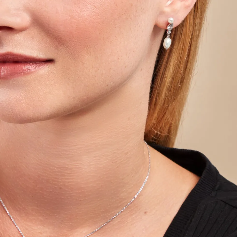 Boucles D'oreilles Pendantes Dua Argent Blanc Perle De Culture Oxyde