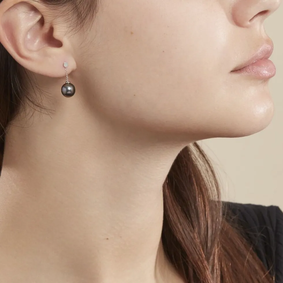 Boucles D'oreilles Pendantes Semi-ronde Or Blanc Perle De Tahiti