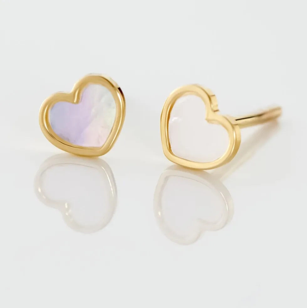Boucles D'oreilles Puces Amaryllis Coeur Or Jaune Nacre