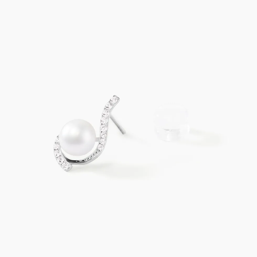 Boucles D'oreilles Puces Cassiopea Or Blanc Oxyde Et Perle De Culture