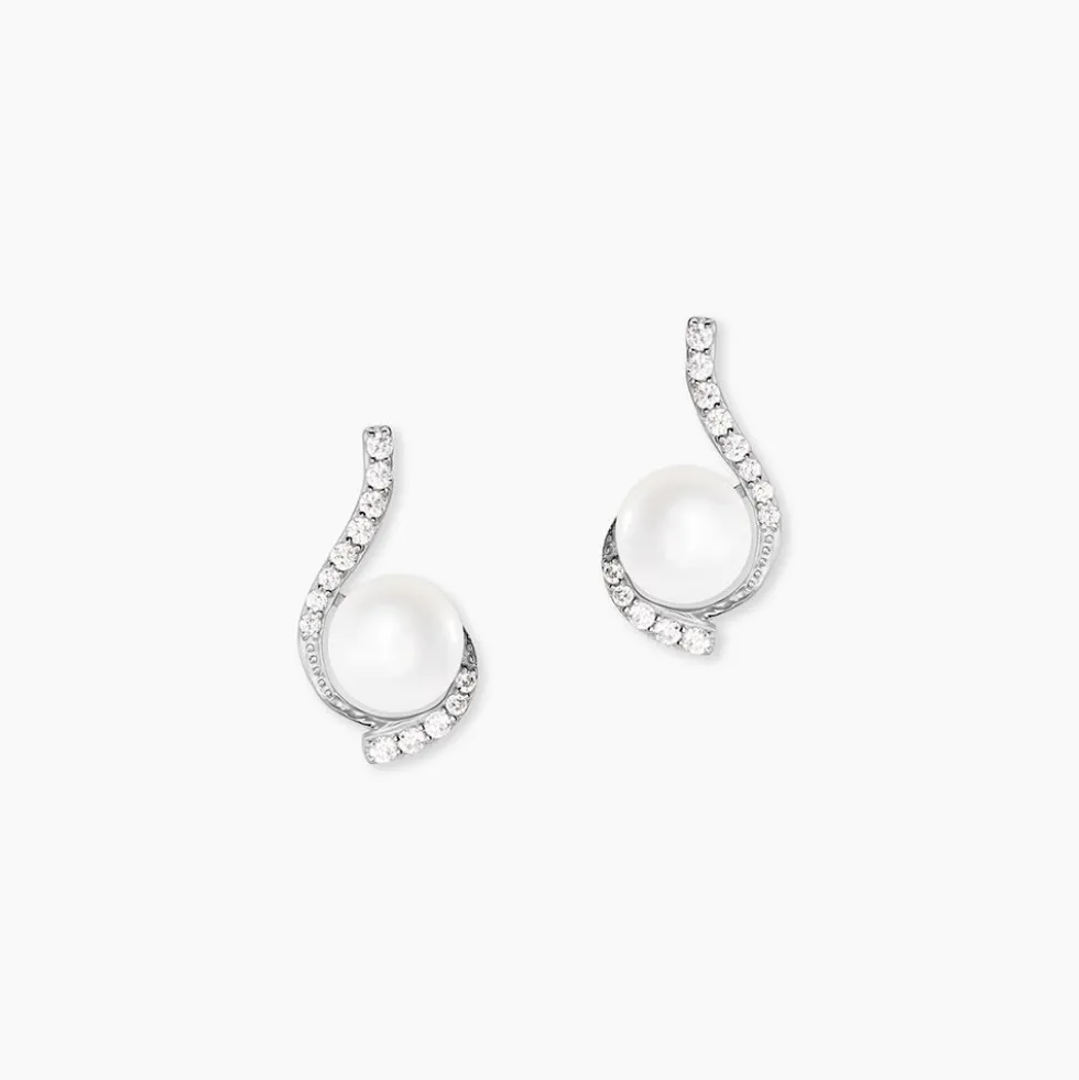 Boucles D'oreilles Puces Cassiopea Or Blanc Oxyde Et Perle De Culture