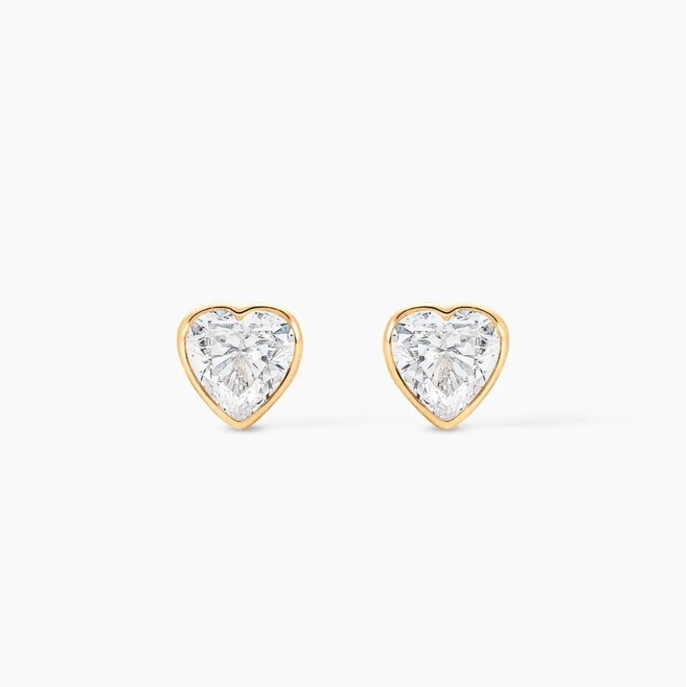 Boucles D'oreilles Puces Coeur Serti Clos Or Jaune Oxyde De Zirconium