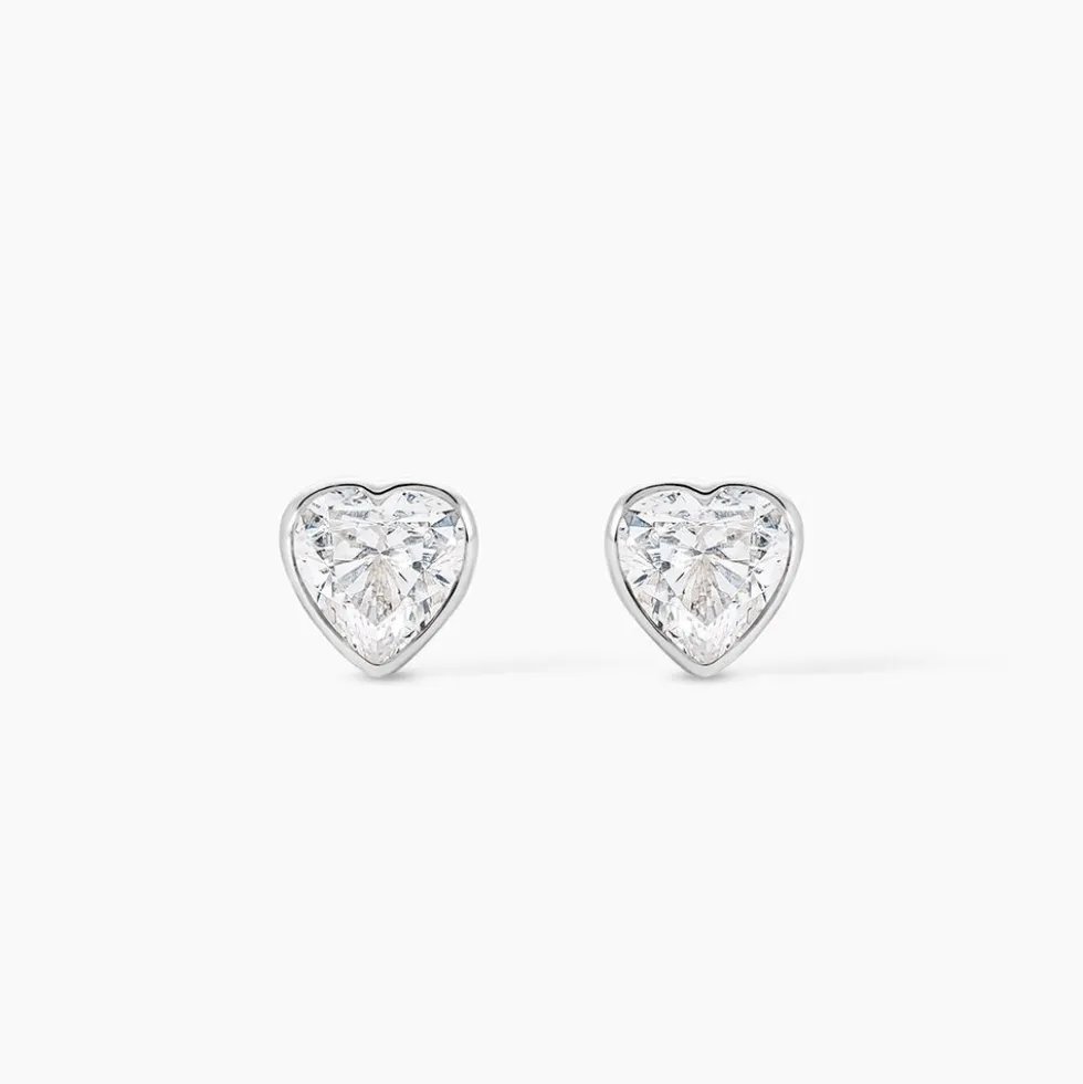 Boucles D'oreilles Puces Coeur Serti Clos Or Blanc Oxyde De Zirconium