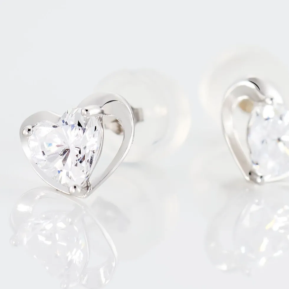 Boucles D'oreilles Puces Daria Coeur Plein Or Blanc Oxyde De Zirconium
