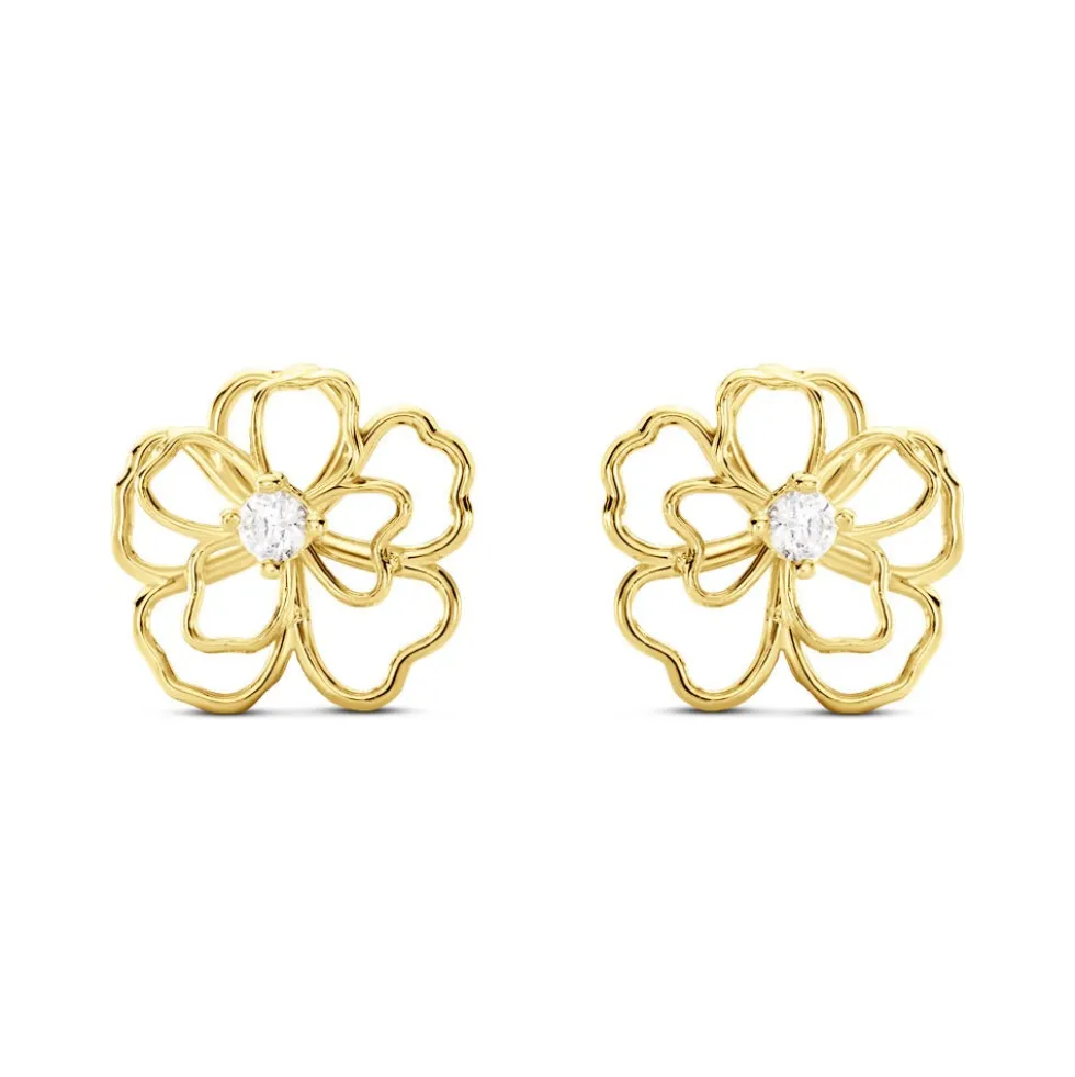 Boucles D'oreilles Puces Floraison Dorée Or Jaune Oxyde De Zirconium