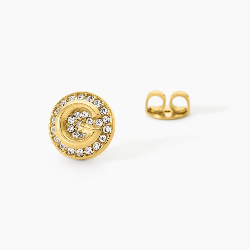 Boucles D'Oreilles Puces Guess G Crystal Acier Jaune Oxyde De Zirconium