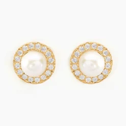 Boucles D'oreilles Puces Grizel Or Jaune Perle De Culture Et Oxyde