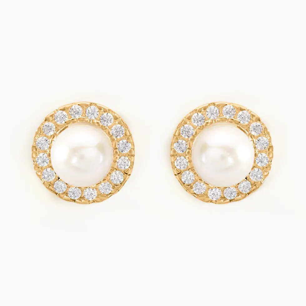 Boucles D'oreilles Puces Grizel Or Jaune Perle De Culture Et Oxyde