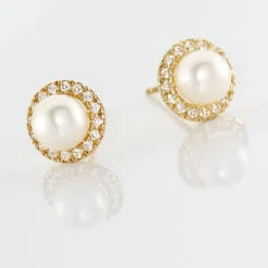 Boucles D'oreilles Puces Grizel Or Jaune Perle De Culture Et Oxyde