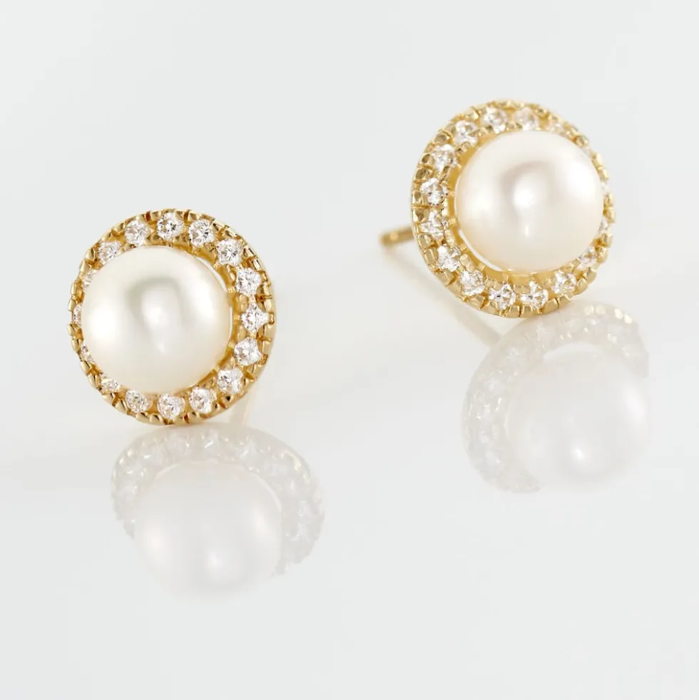 Boucles D'oreilles Puces Grizel Or Jaune Perle De Culture Et Oxyde