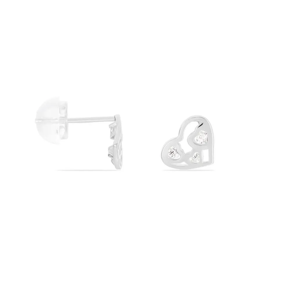 Boucles D'oreilles Puces Huan Cœur Or Blanc Oxyde De Zirconium