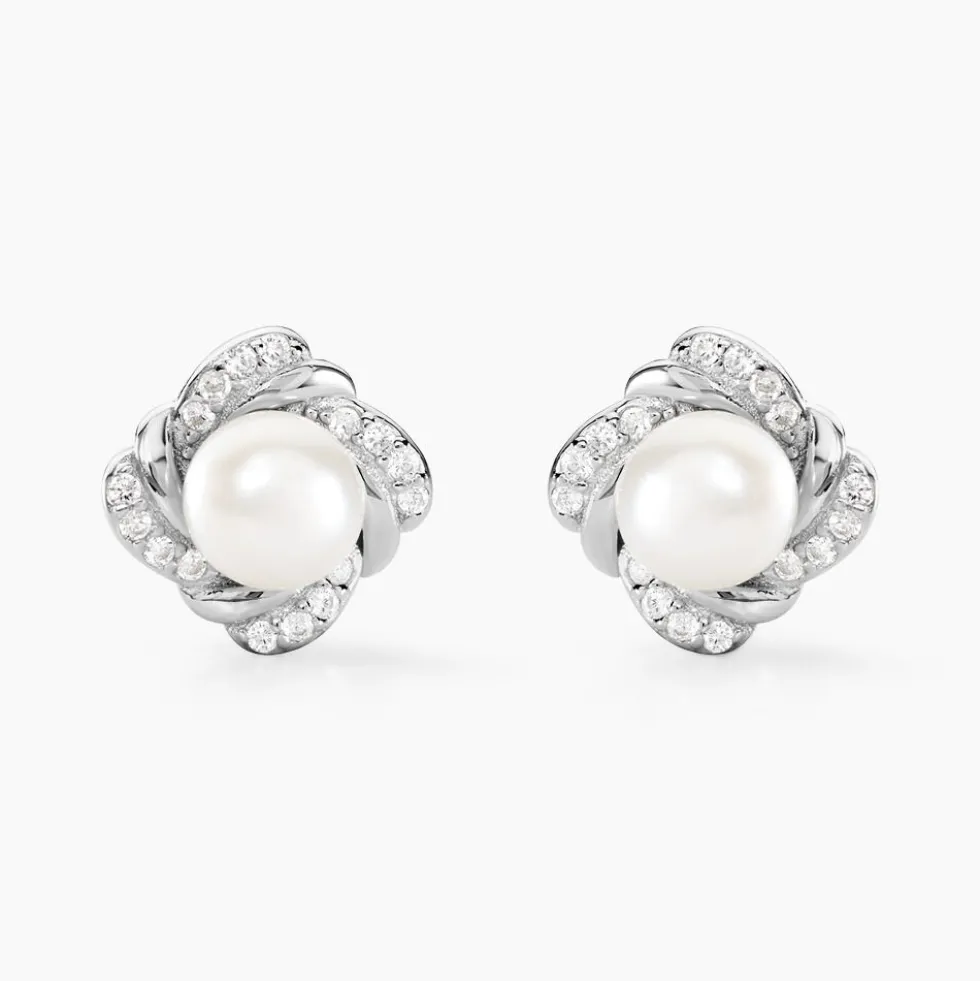 Boucles D'oreilles Puces Laetoria Argent Blanc Perle De Culture Oxyde