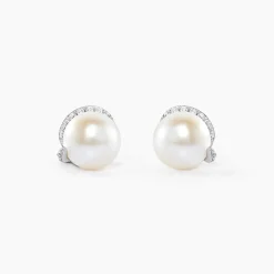 Boucles D'oreilles Puces Lucinda Or Blanc Perle De Culture Et Oxyde