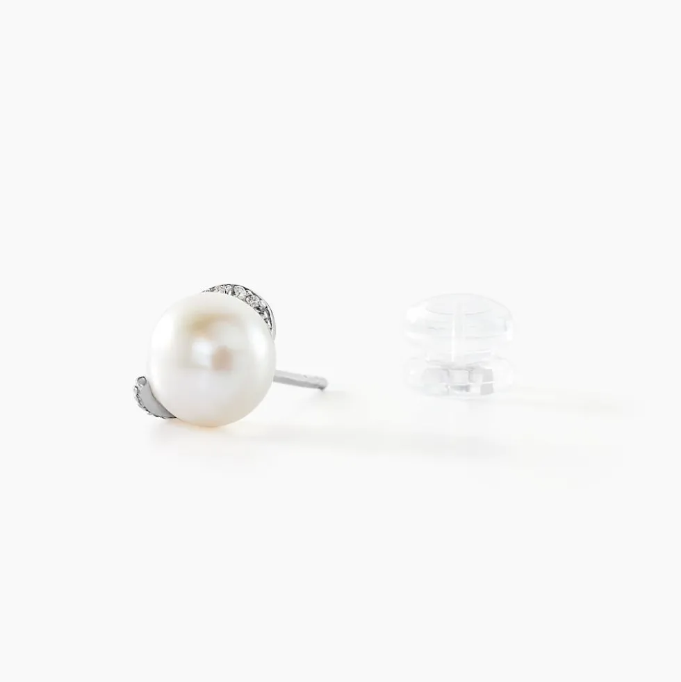 Boucles D'oreilles Puces Lucinda Or Blanc Perle De Culture Et Oxyde