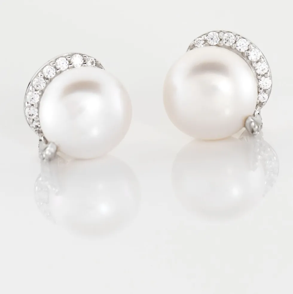 Boucles D'oreilles Puces Lucinda Or Blanc Perle De Culture Et Oxyde
