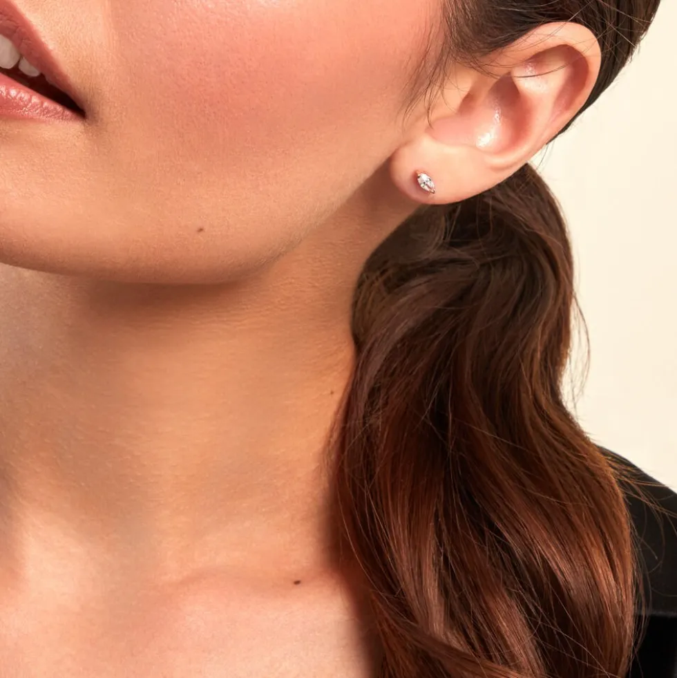 Boucles D'oreilles Puces Navette Argent Rose Oxyde De Zirconium