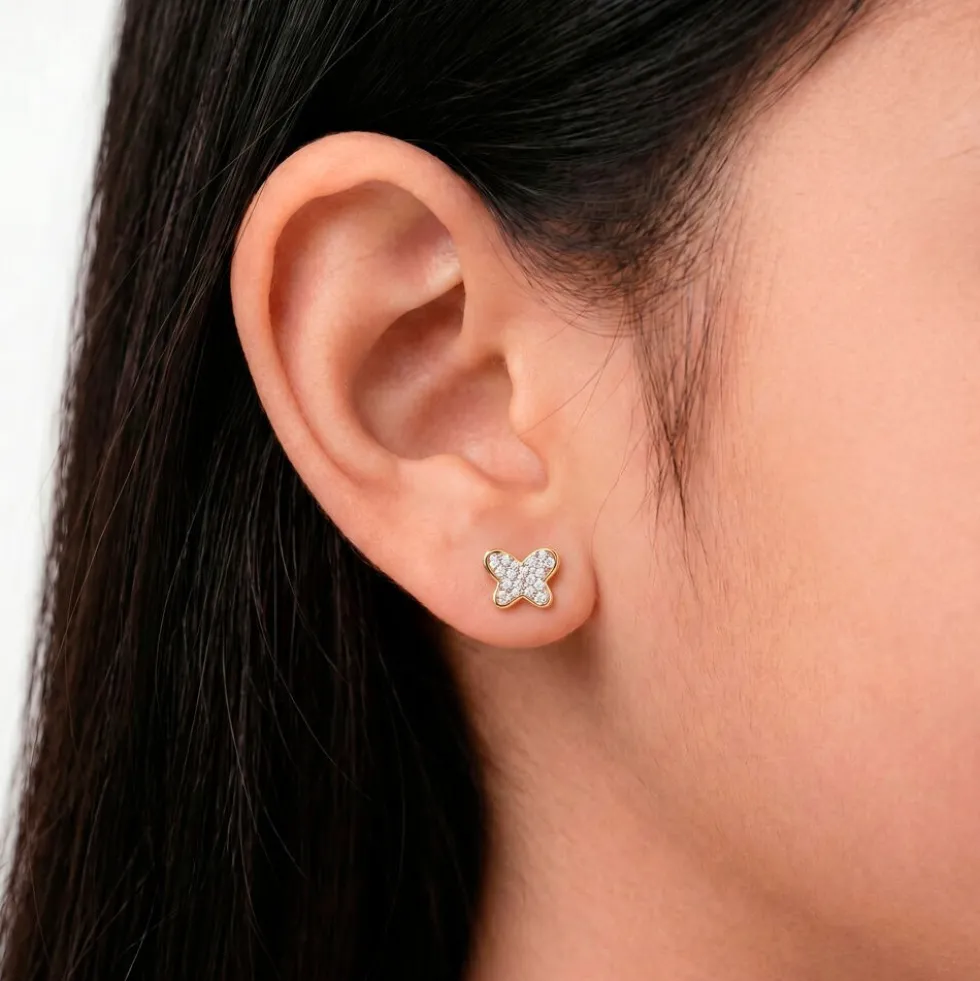 Boucles D'oreilles Puces Or Jaune Cercis Strass