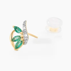 Boucles D'oreilles Puces Or Bicolore Petale Emeraude Diamant