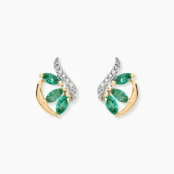 Boucles D'oreilles Puces Or Bicolore Petale Emeraude Diamant