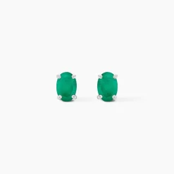 Boucles D'oreilles Puces Ovale Or Blanc Emeraude