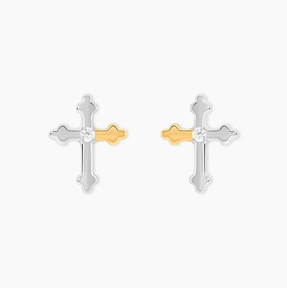 Boucles D'Oreilles Puces Or Jaune Argent Blanc Oxyde De Zirconium