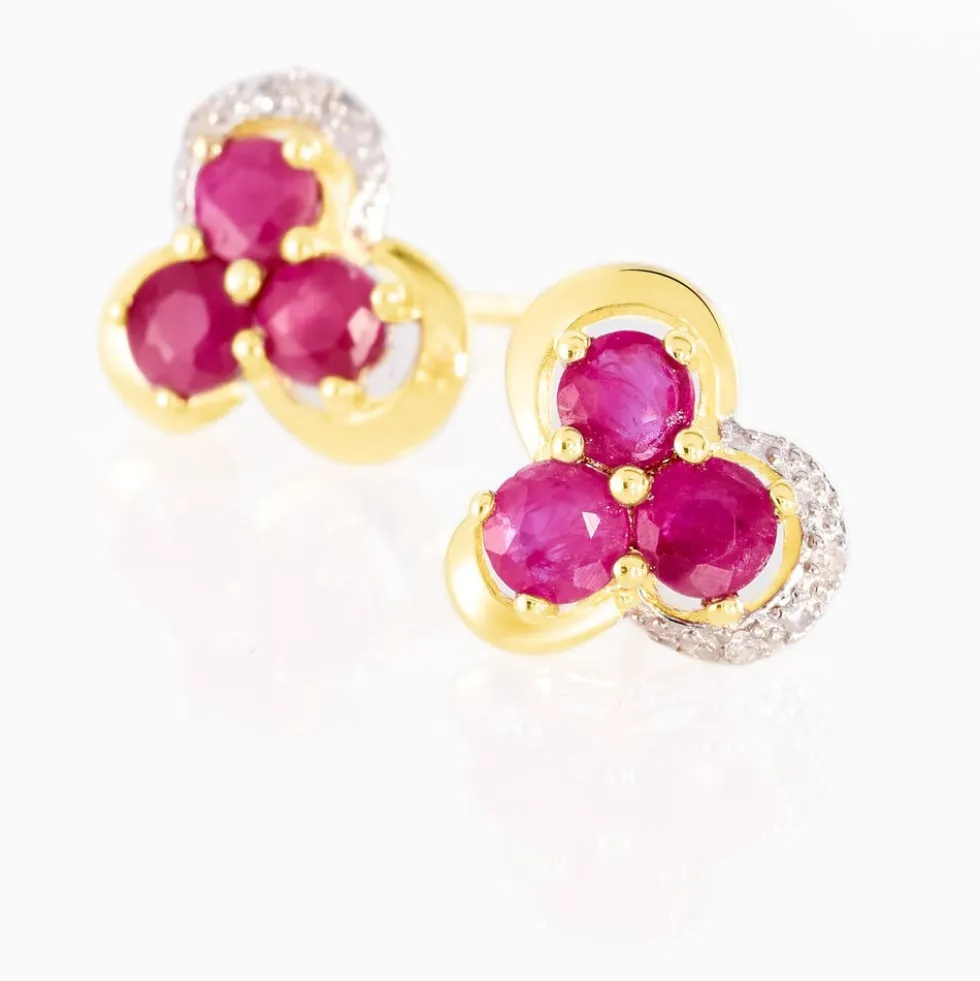 Boucles D'oreilles Puces Orchidea Or Jaune Diamant Et Rubis