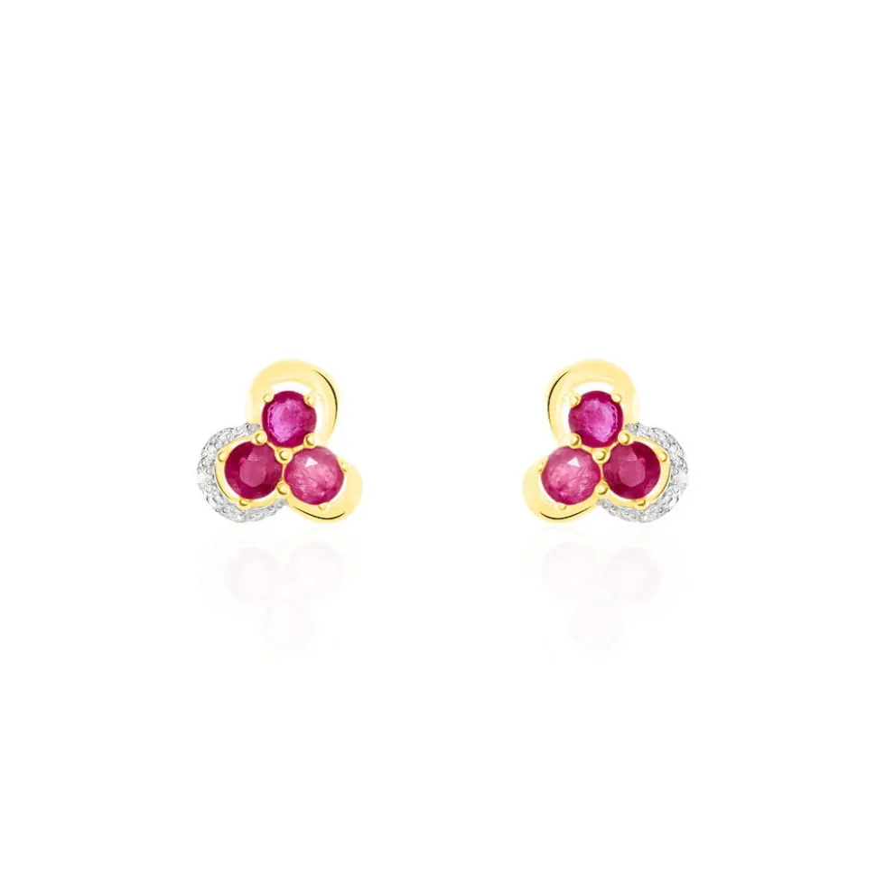 Boucles D'oreilles Puces Orchidea Or Jaune Diamant Et Rubis