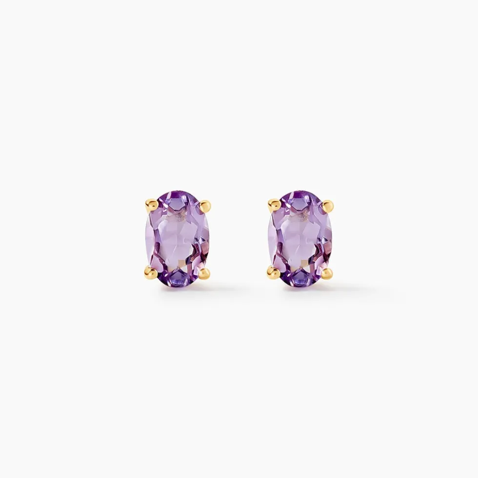 Boucles D'oreilles Puces Ovale Serti Griffe Or Jaune Amethyste