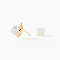 Boucles D'oreilles Puces Pearly Or Jaune Perle De Culture Et Oxyde