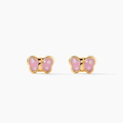 Boucles D'oreilles Puces Papillon Rose Or Jaune