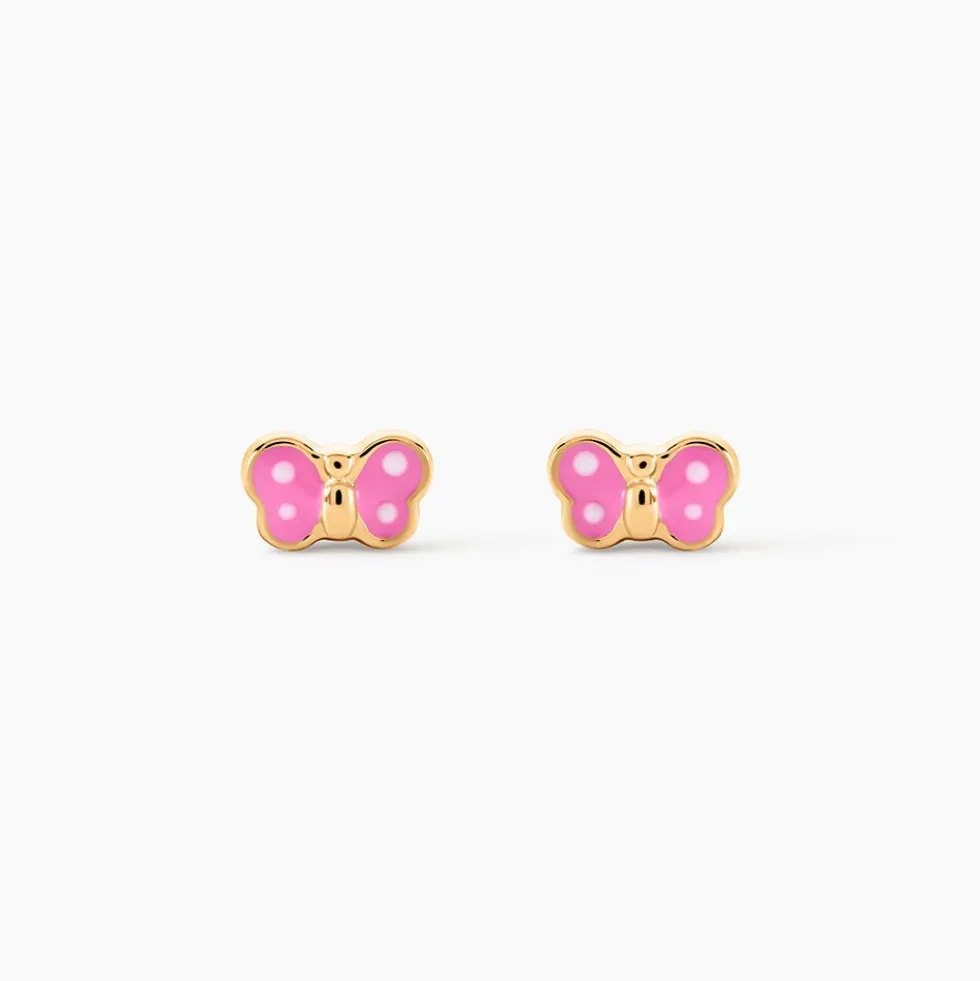 Boucles D'oreilles Puces Papillon Rose Or Jaune