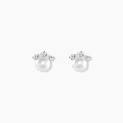 Boucles D'oreilles Puces Yarie Or Blanc Perle De Culture Et Oxyde