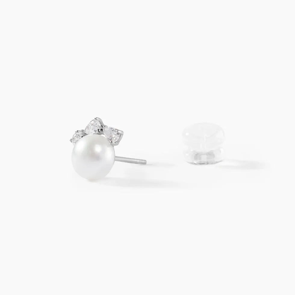 Boucles D'oreilles Puces Yarie Or Blanc Perle De Culture Et Oxyde