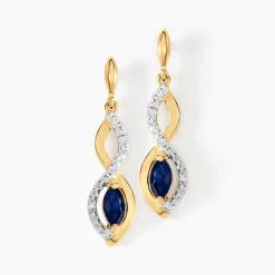 Boucles D'oreilles Pendantes Ondulations Or Jaune Saphir Diamant