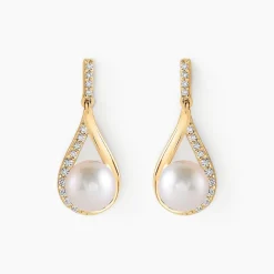 Boucles D'oreilles Pendantes Helin Or Jaune Perle De Culture Et Oxyde